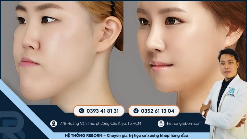 Dễ dàng nhận thấy mặt bất đối xứng, cằm lệch, đường giữa hai hàm răng không trùng khớp